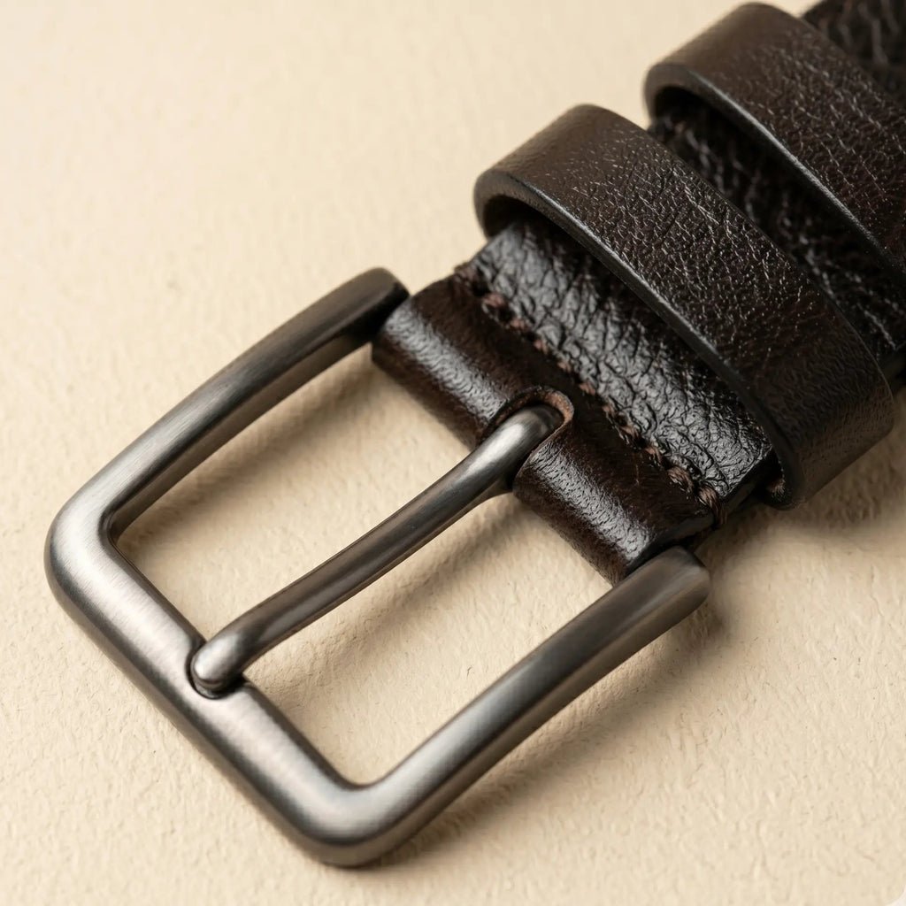Close-up of a brown leather belt with a silver buckle on a beige background
