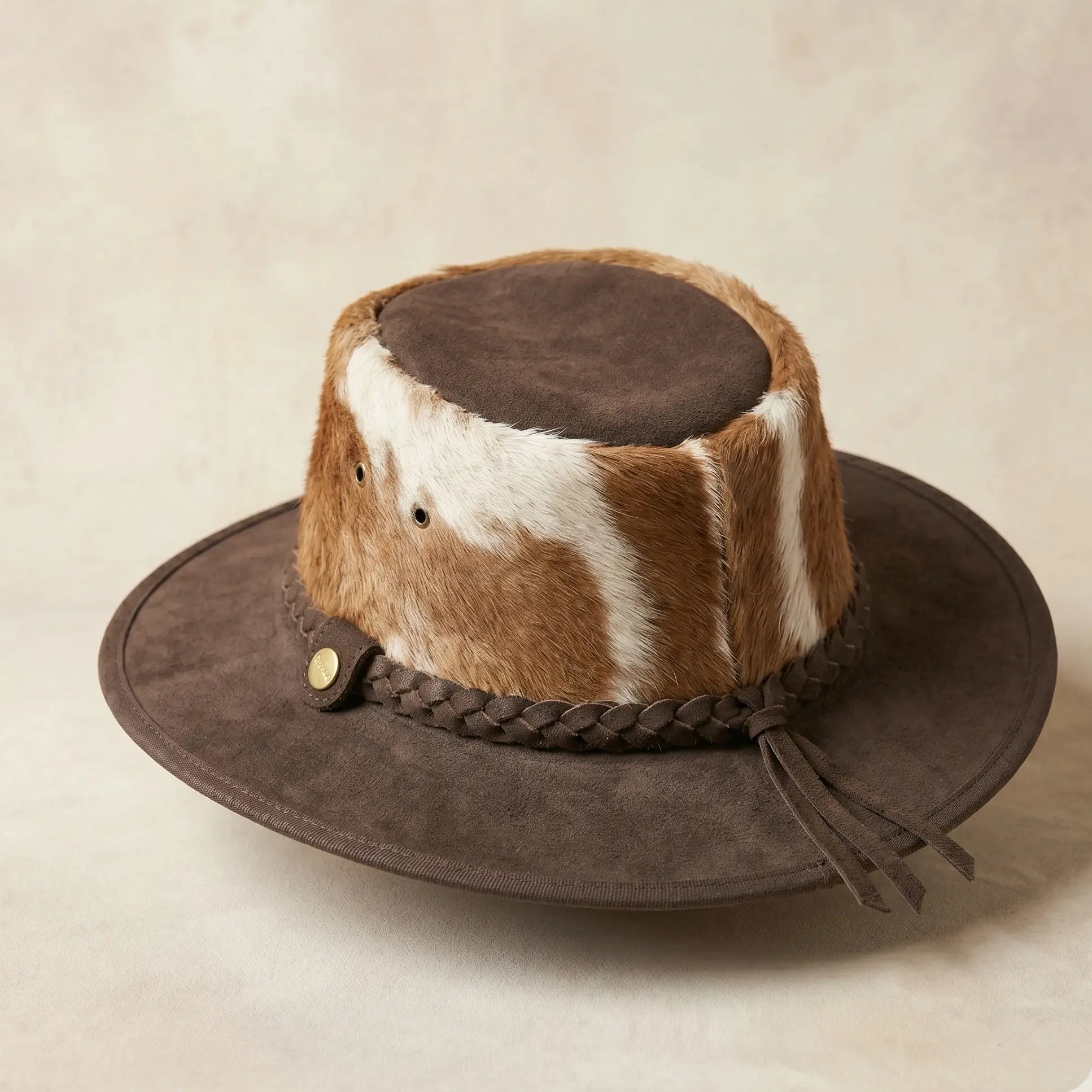 Brown hat with fur brim on a beige background