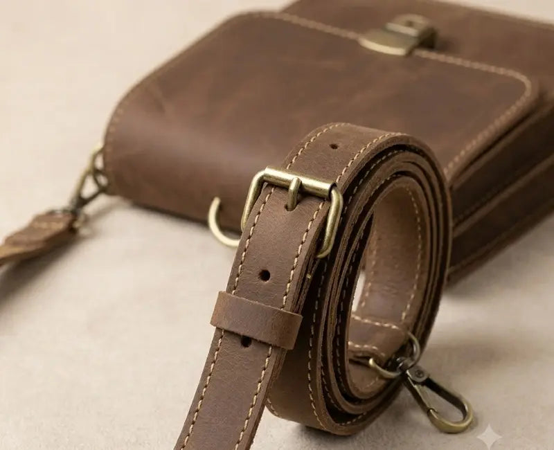 Brown leather bag with strap on a beige background