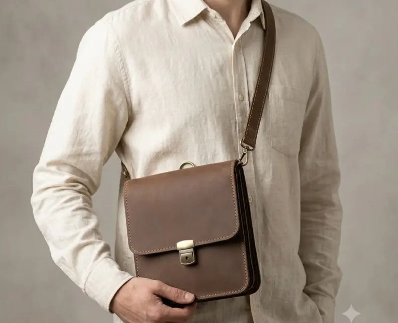 Man holding a brown leather satchel against a neutral background