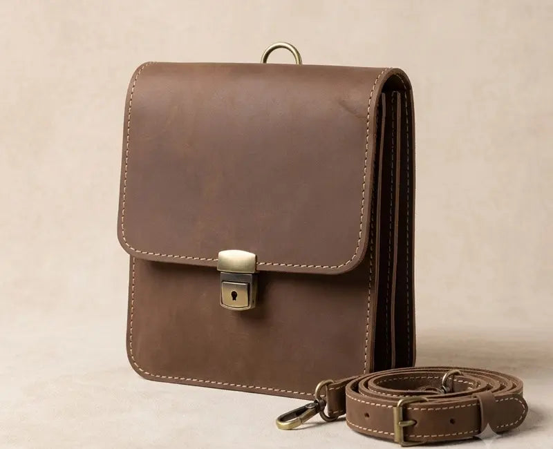 Brown leather bag with strap on a beige background