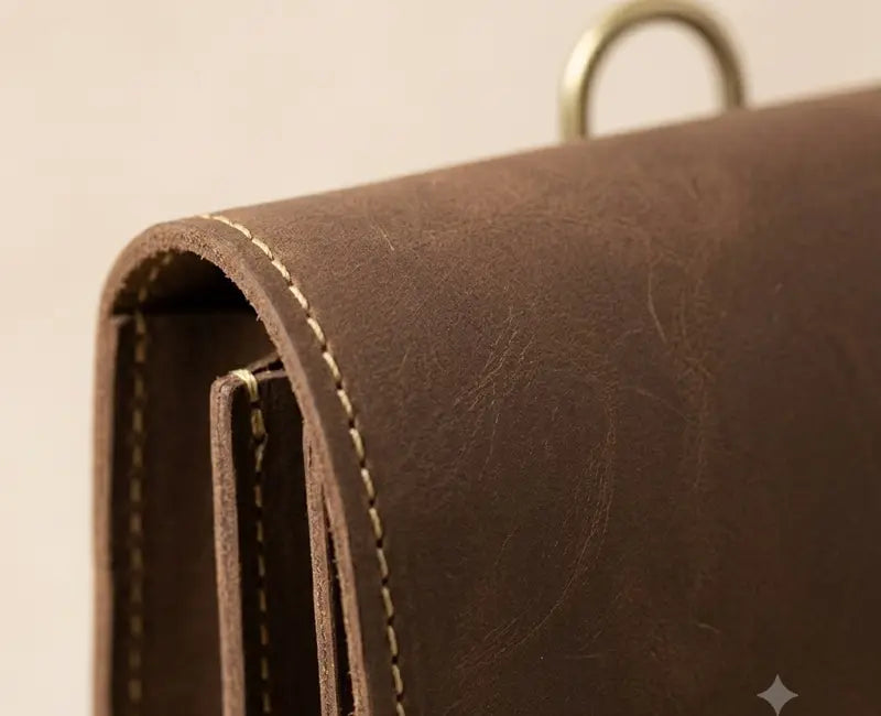 Close-up of a brown leather wallet with visible stitching on a beige background