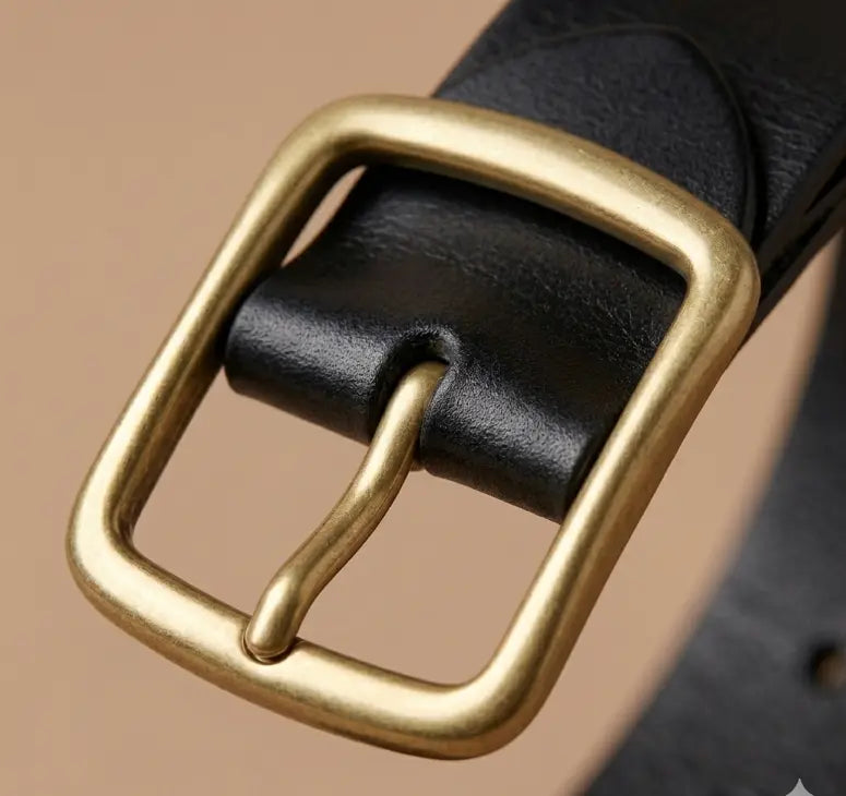 Close-up of a black leather belt with a gold buckle on a beige background