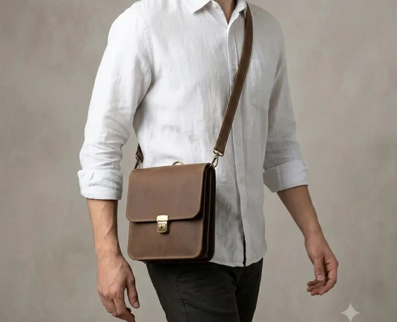 Person wearing a brown leather shoulder bag against a neutral background