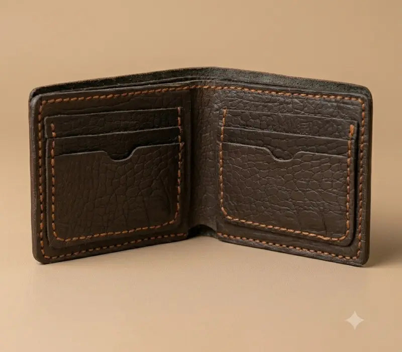 Brown leather wallet with stitching on a beige background