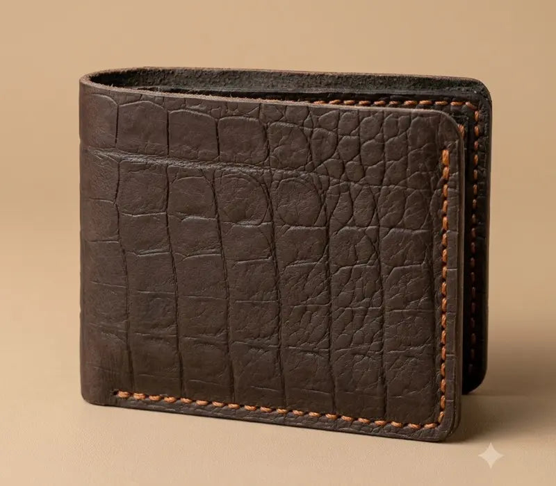 Brown leather wallet with embossed texture on a beige background