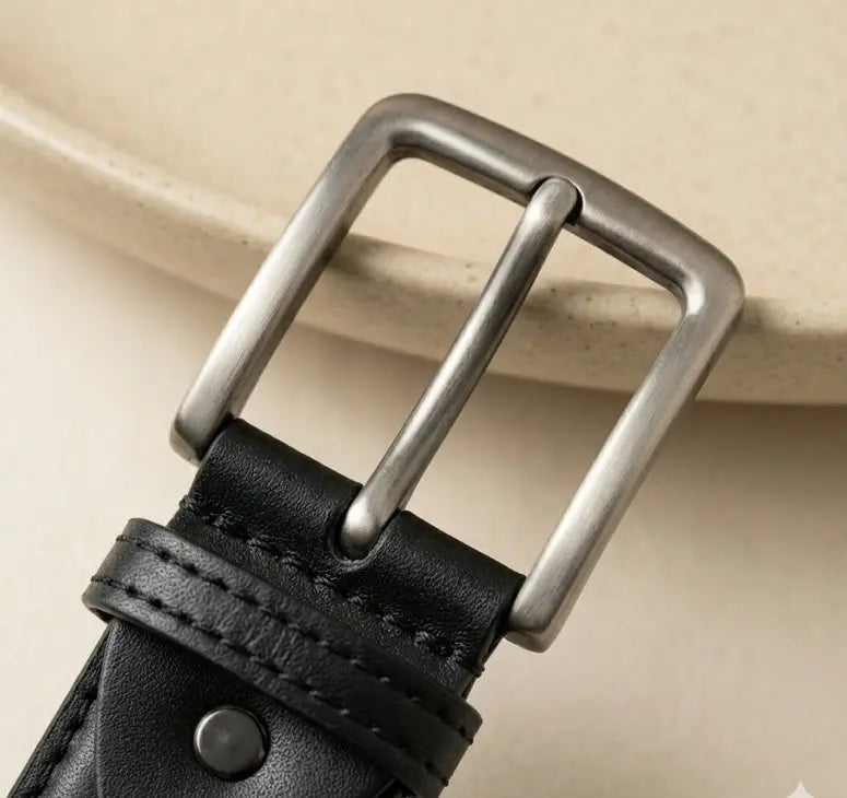 Close-up of a black leather belt with a silver buckle on a beige background