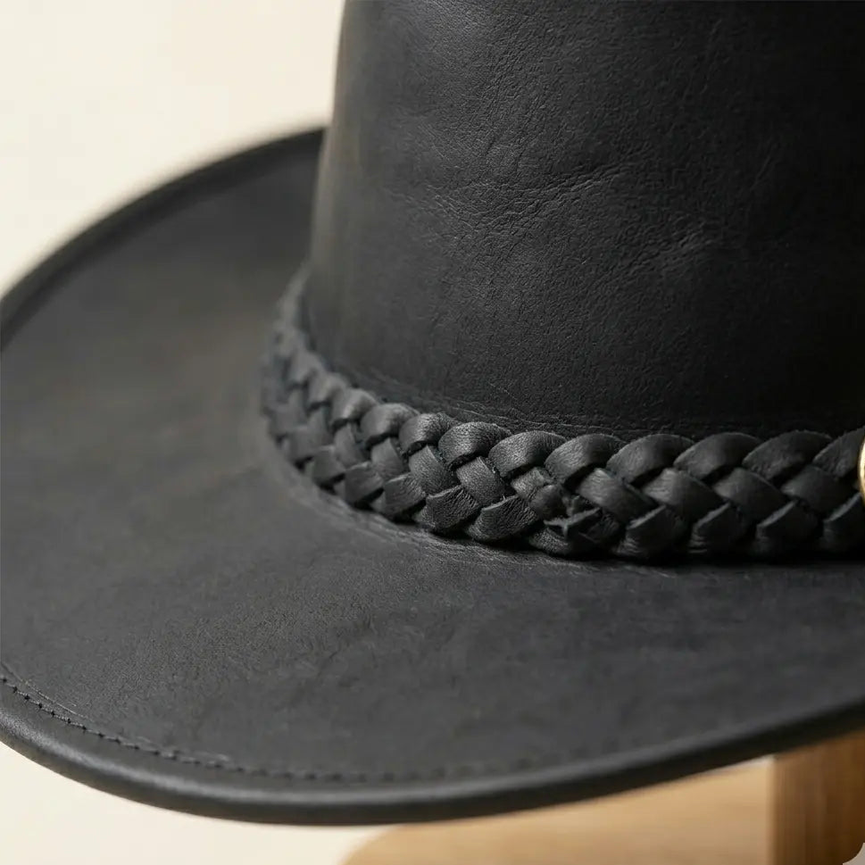 Black leather hat with braided band and gold emblem on a wooden stand.