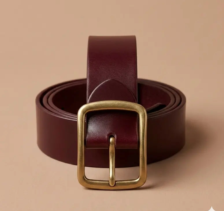 Brown leather belt with a gold buckle on a beige background