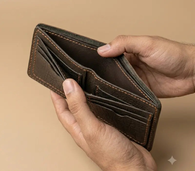 Brown leather wallet held open by a hand against a beige background