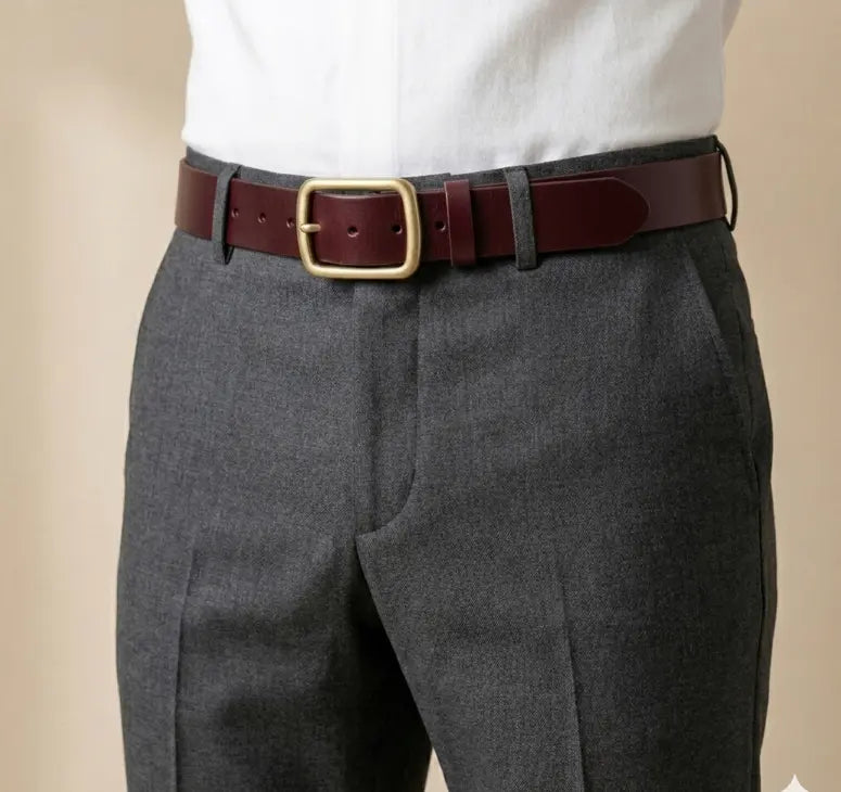Gray pants with a brown belt and gold buckle on a beige background