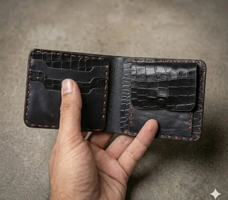 Hand holding a black leather wallet with crocodile texture on a gray background