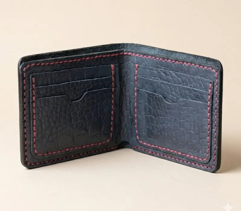 Navy Blue Croc Embossed Handmade Bifold Wallet | JJ Leather Crafts