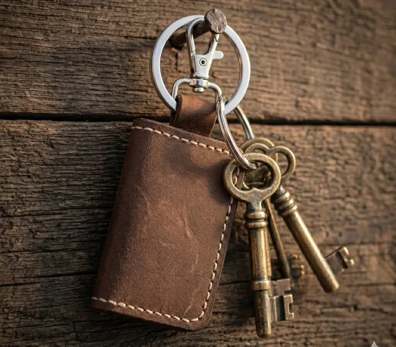 Brown leather keychain with vintage keys on a wooden surface