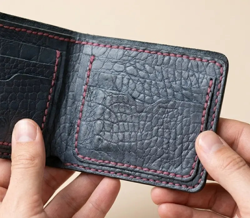 Navy Blue Croc Embossed Handmade Bifold Wallet | JJ Leather Crafts