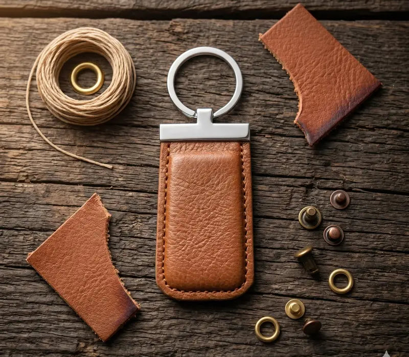 Brown leather keychain with metal components on a wooden surface