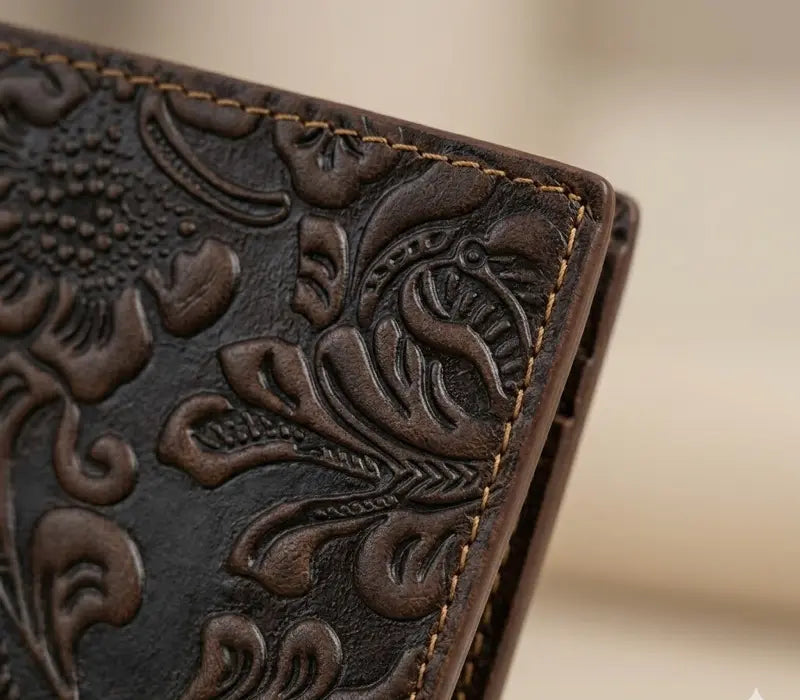 Close-up of a brown leather wallet with intricate floral embossing on a blurred beige background