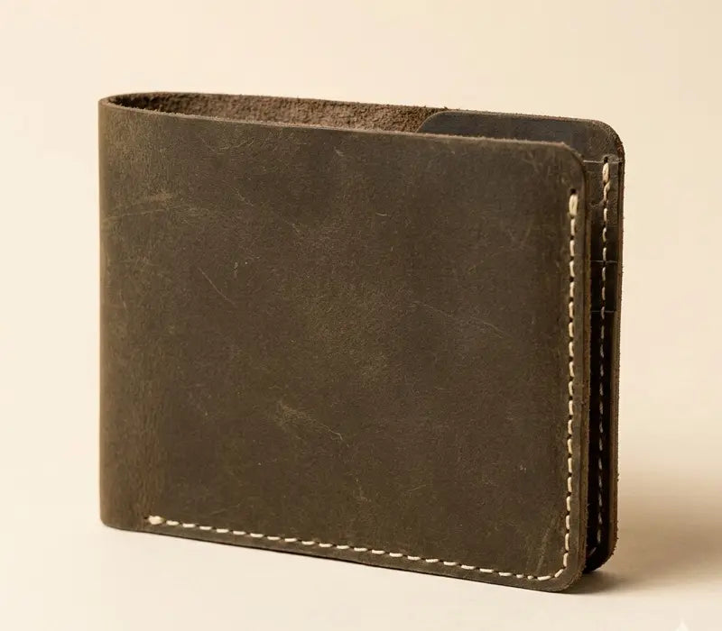 Brown leather wallet on a beige background