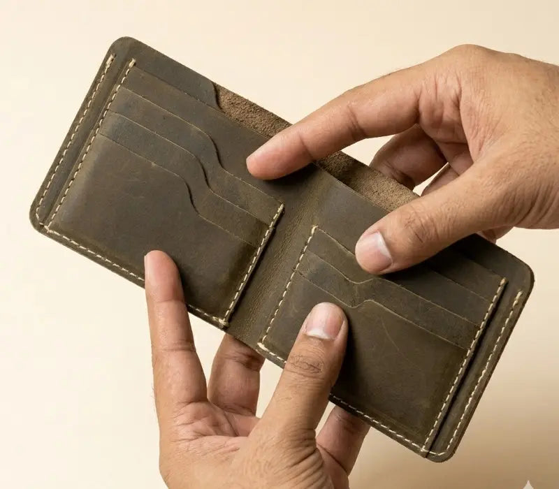 Brown leather wallet held open by a hand on a beige background