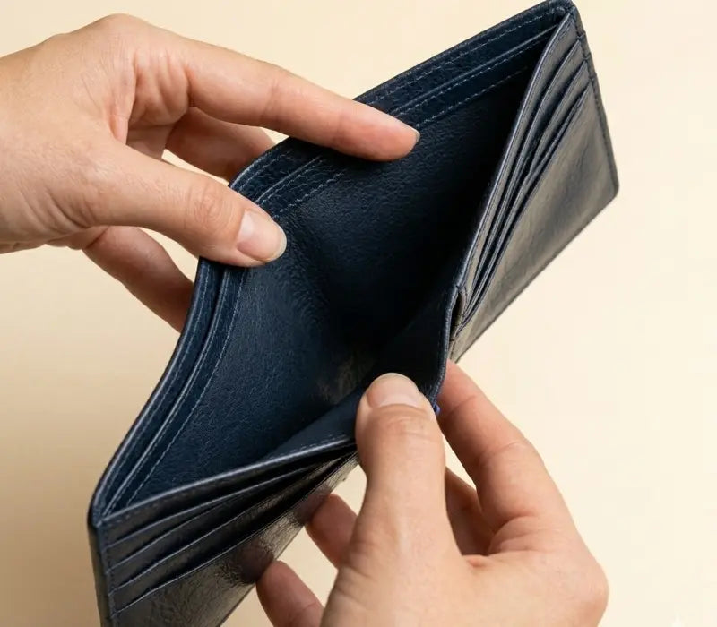 Hand holding an empty blue wallet against a beige background