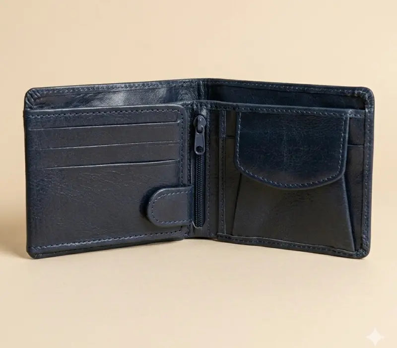 Open blue leather wallet on a beige background