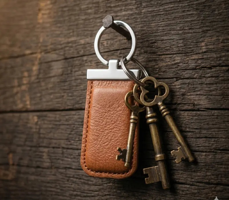 Keychain with brown leather pouch and vintage keys on a wooden surface