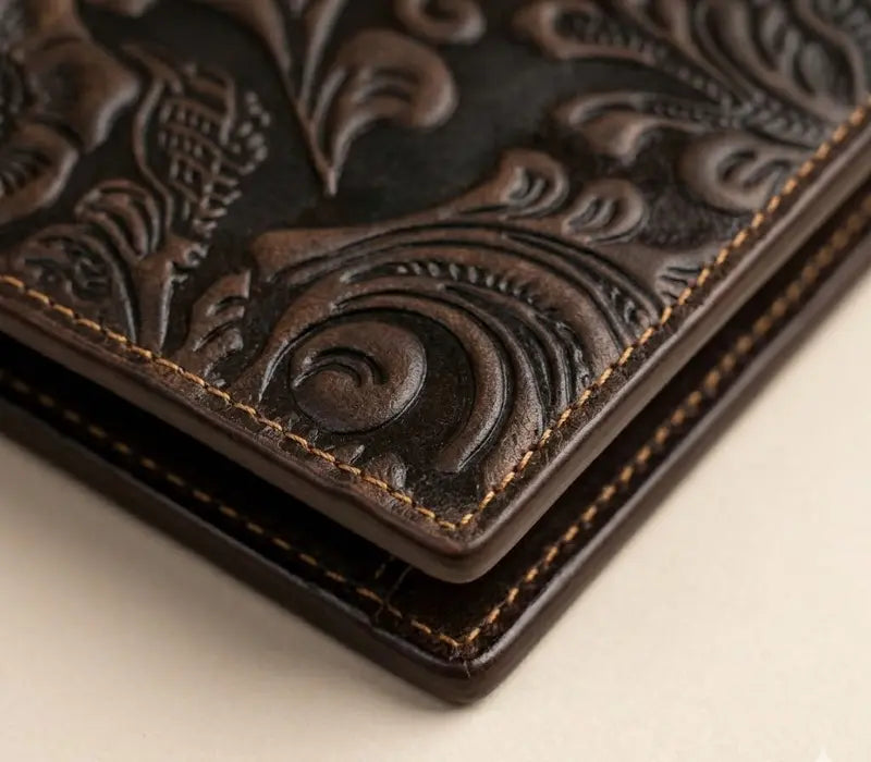 Close-up of a brown leather wallet with intricate embossed design on a light beige background
