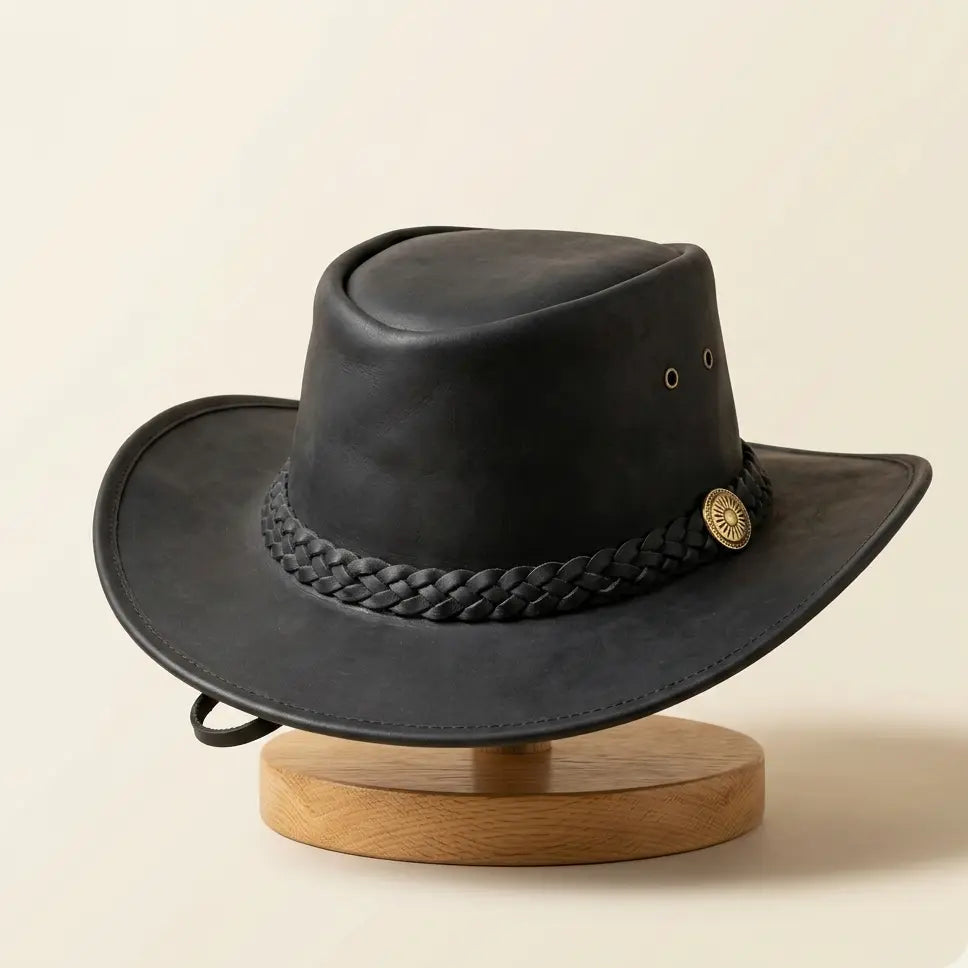 Black handmade full-grain leather cowboy hat with braided band and brass hardware on a beige background