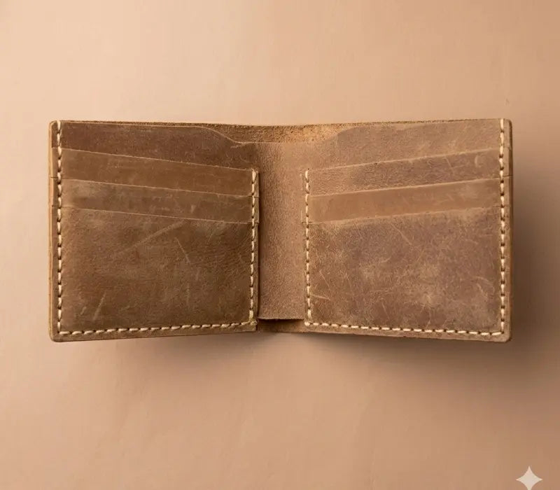 Brown leather wallet open on a beige background