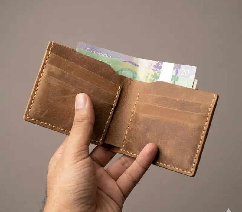 Brown leather wallet with money held by a hand against a neutral background
