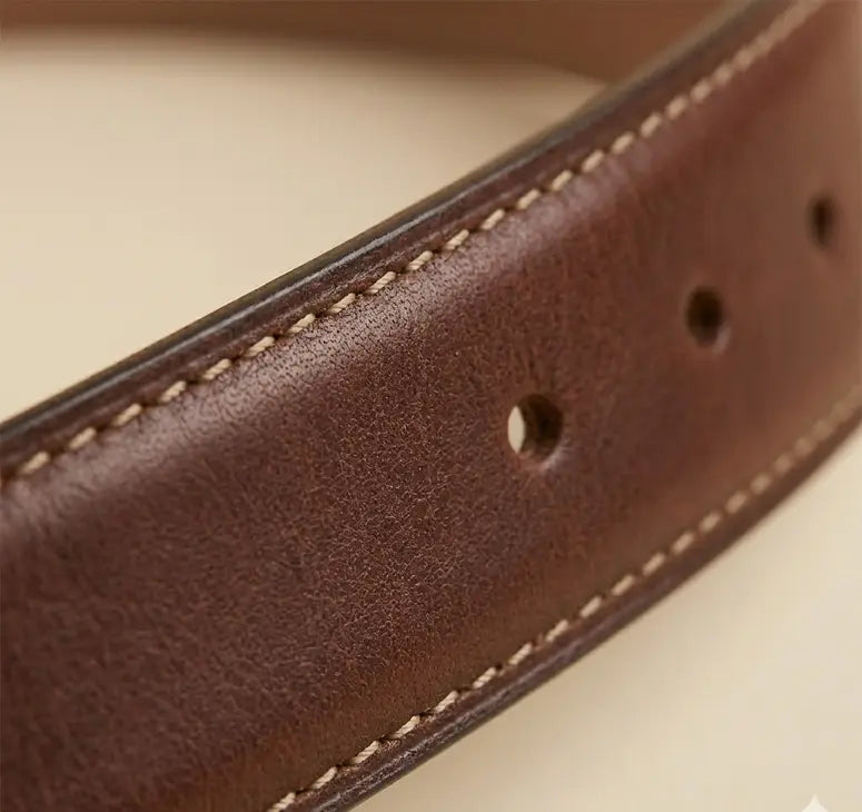 Close-up of a brown leather belt with visible stitching on a beige background
