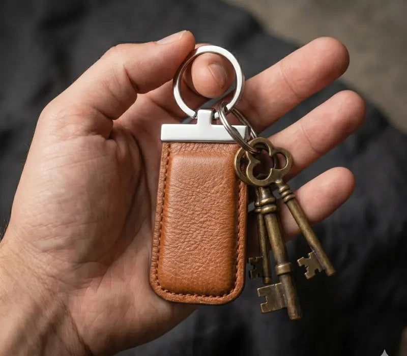 Hand holding a keychain with a brown leather pouch and vintage keys against a blurred background