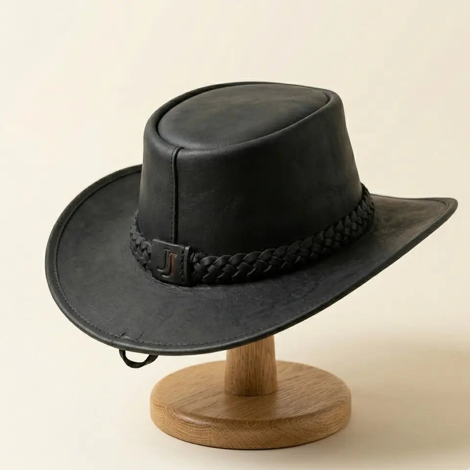 Black Handmade Leather Cowboy Hat – Braided Band | JJ Leather Crafts