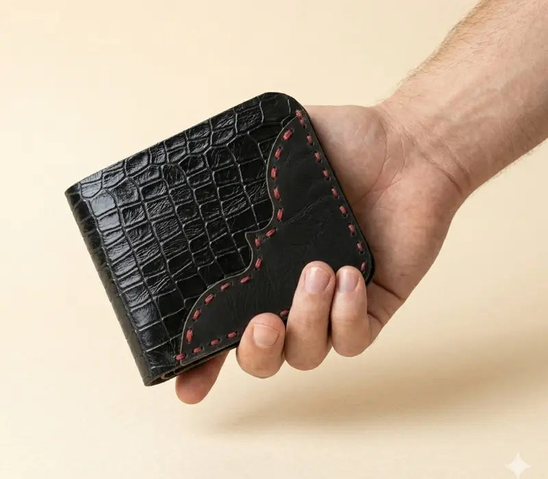 Hand holding a black crocodile-patterned wallet with red stitching on a beige background