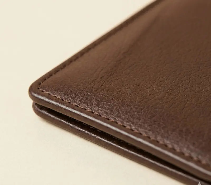 Close-up of a brown leather wallet on a beige background