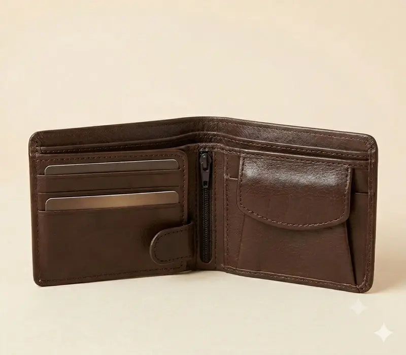 Brown leather wallet open on a beige background