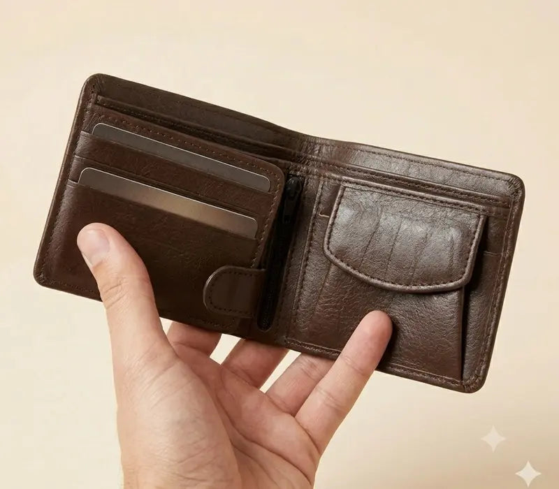 Brown leather wallet held open by a hand on a beige background