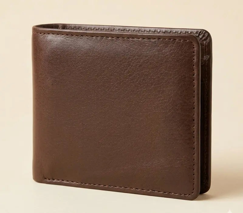 Brown leather wallet on a beige background