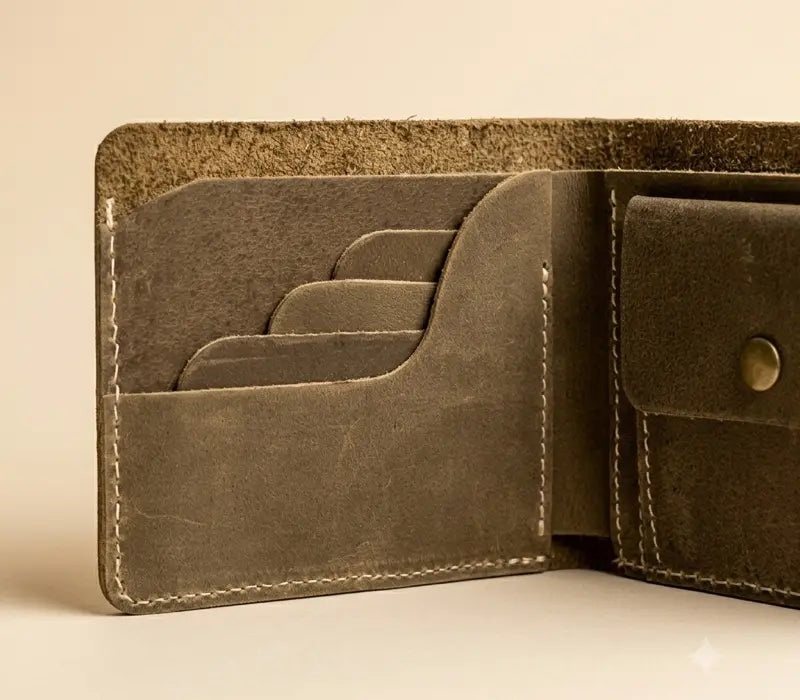 Brown leather wallet with card slots on a beige background
