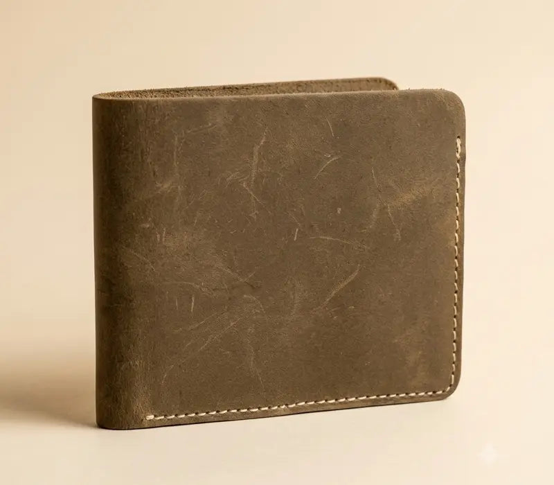 Brown leather wallet on a beige background