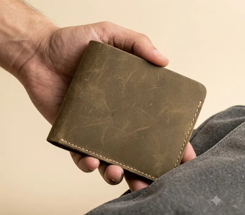 Hand holding a brown leather wallet against a beige background