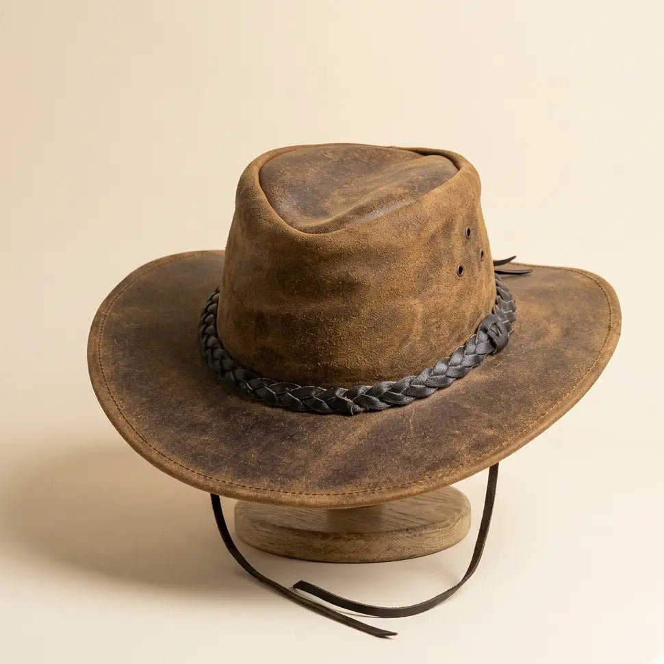 Brown leather cowboy hat with braided band on a beige background