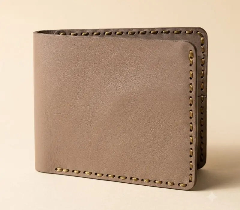 Brown leather wallet with gold stitching on a beige background