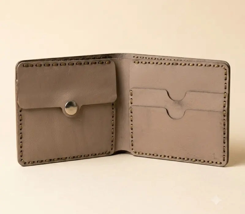 Open beige leather wallet on a beige background