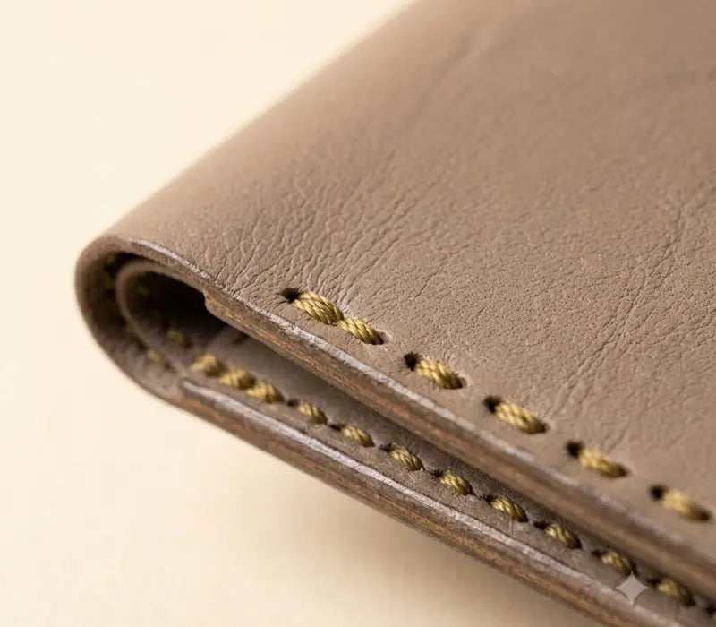 Close-up of a brown leather wallet with gold stitching on a beige background