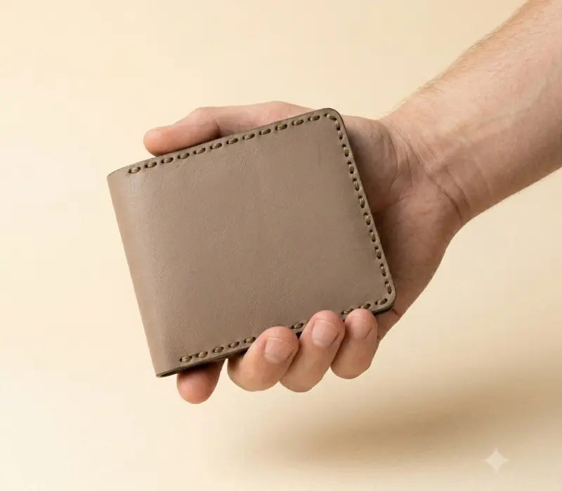 Hand holding a beige leather wallet against a beige background