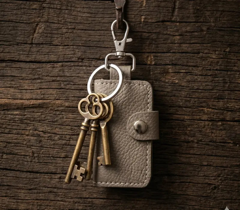 Keychain with vintage keys attached to a gray leather pouch on a wooden surface