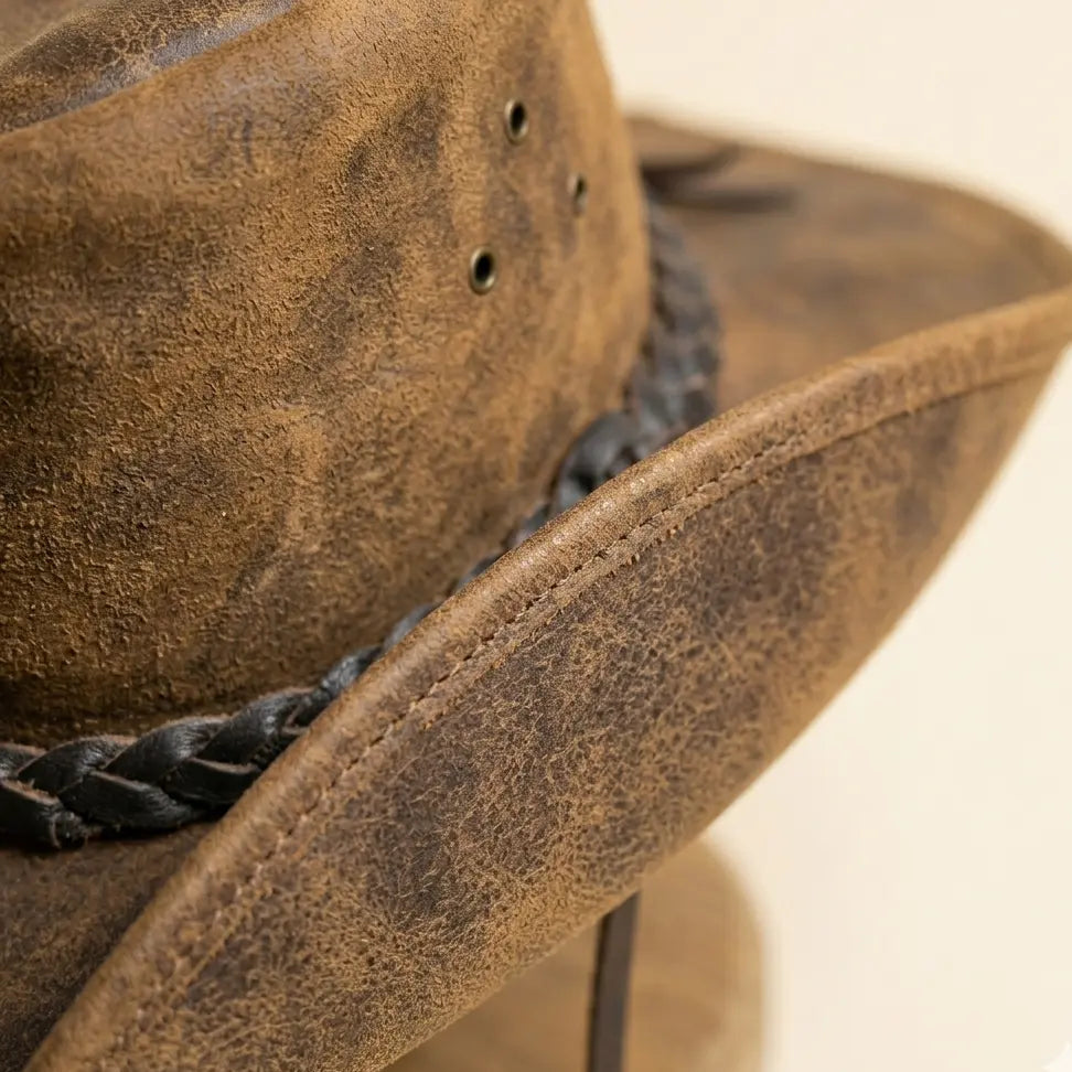 Brown Distressed Handmade Leather Cowboy Hat – Chin Cord | JJ Leather Crafts