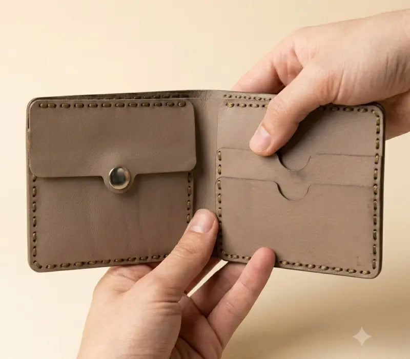 Beige leather wallet held open by a hand on a beige background
