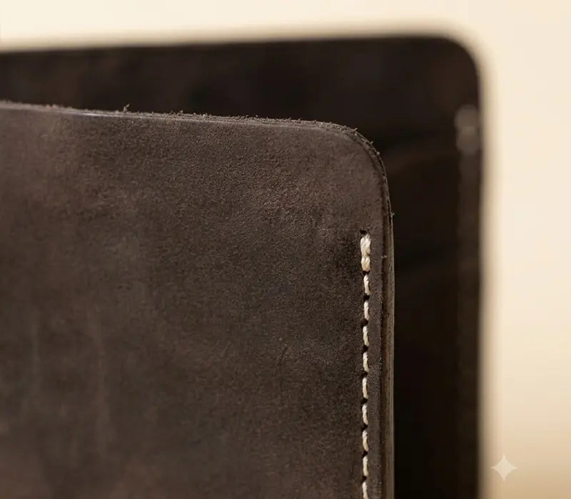 Close-up of a dark brown leather product with visible stitching detail.
